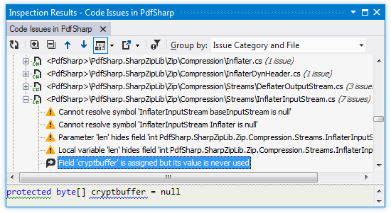 インスペクション結果ウィンドウで検出されたコードの問題 Detected code issues in the Inspection Result window