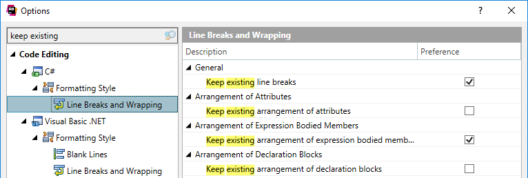 ReSharper: 選択したルールの既存の書式を維持する ReSharper: keep existing formatting for selected rules
