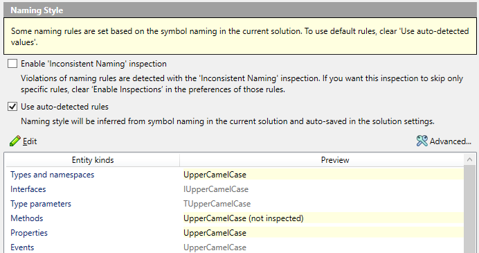 自動設定された命名規則を黄色で強調するReSharper ReSharper highlighting automatically-set naming rules with yellow