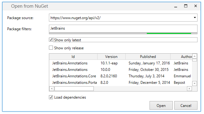 オンラインパッケージソースからNuGetパッケージを開く Opening NuGet packages from an online package source