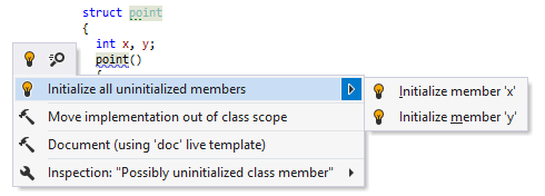 ReSharper C++: メンバーを初期化するためのクイックフィックス ReSharper C++: quick-fix to initialize members