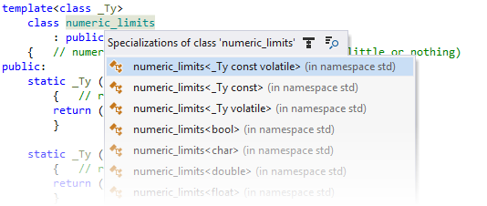 テンプレートの特殊化へのナビゲート Navigating to specializations of a template