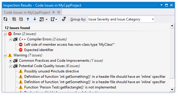コード・インスペクションはC++プロジェクトになります Code inspection results in a C++ project