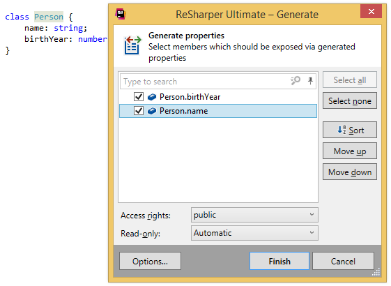 ReSharper TypeScriptクラスのプロパティーを生成する ReSharper. Generating properties for a TypeScript class
