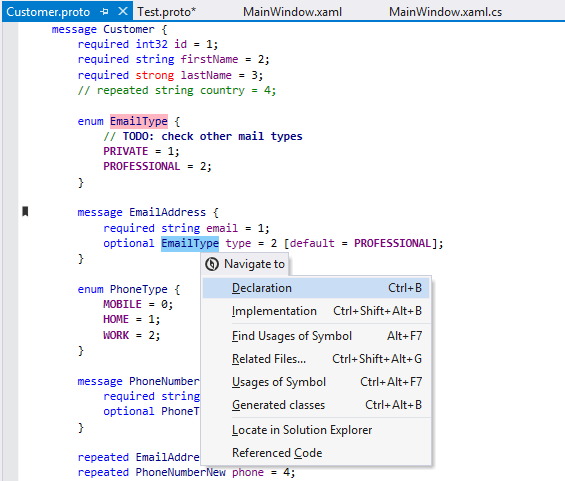 .protoファイル内のGoogle Protocol Buffers(Protobuf)のReSharper機能 ReSharper features for Google Protocol Buffers (Protobuf) in .proto files