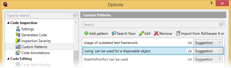 ReSharperオプションのパターンカタログ Pattern catalog in ReSharper options
