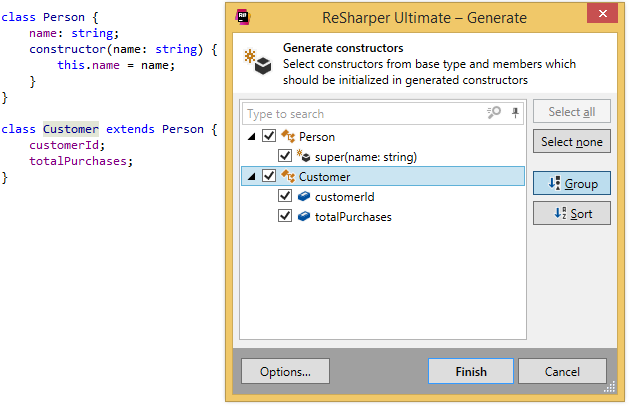 ReSharper TypeScriptクラスのコンストラクターを生成する ReSharper. Generating constructors for TypeScript class