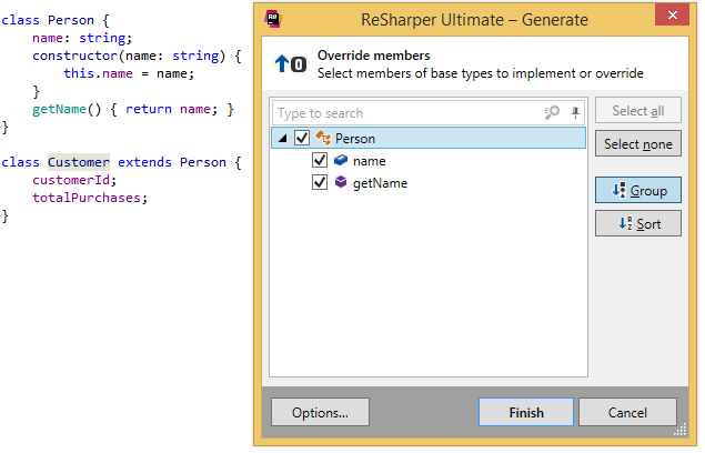 ReSharper TypeScriptクラスのオーバーライドメンバーの生成 ReSharper. Generating overriding members for a TypeScript class