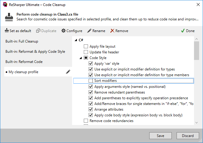 ReSharperコードクリーンアップダイアログ ReSharper. Code Cleanup dialog