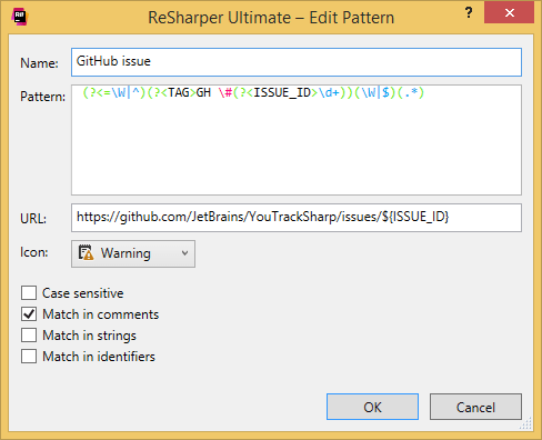 ReSharper: 予定パターンの編集ダイアログ ReSharper: Edit to-do pattern dialog