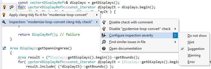 ReSharper: Clang-Tidy インスペクションメニュー ReSharper: Clang-Tidy inspection menu