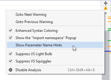 ReSharper;ステータスインジケータからパラメータ名のヒントを切り替える ReSharper; switching parameter name hints from the status indicator