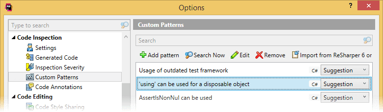 ReSharperオプションのパターンカタログ Pattern catalog in ReSharper options