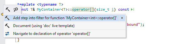 ReSharper:エディターから関数のステップフィルタを追加しました。 ReSharper: Adding a step filter for a function from the editor.