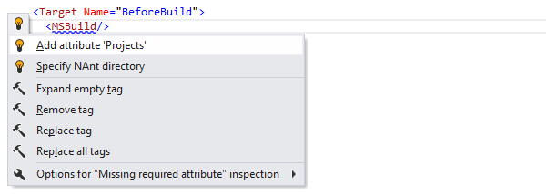 ReSharper: MSBuildでの「必須属性の追加」クイックフィックス ReSharper: 'Add required attribute' quick-fix in MSBuild
