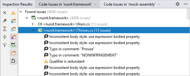インスペクション結果ウィンドウで検出されたコードの課題 Detected code issues in the Inspection Result window