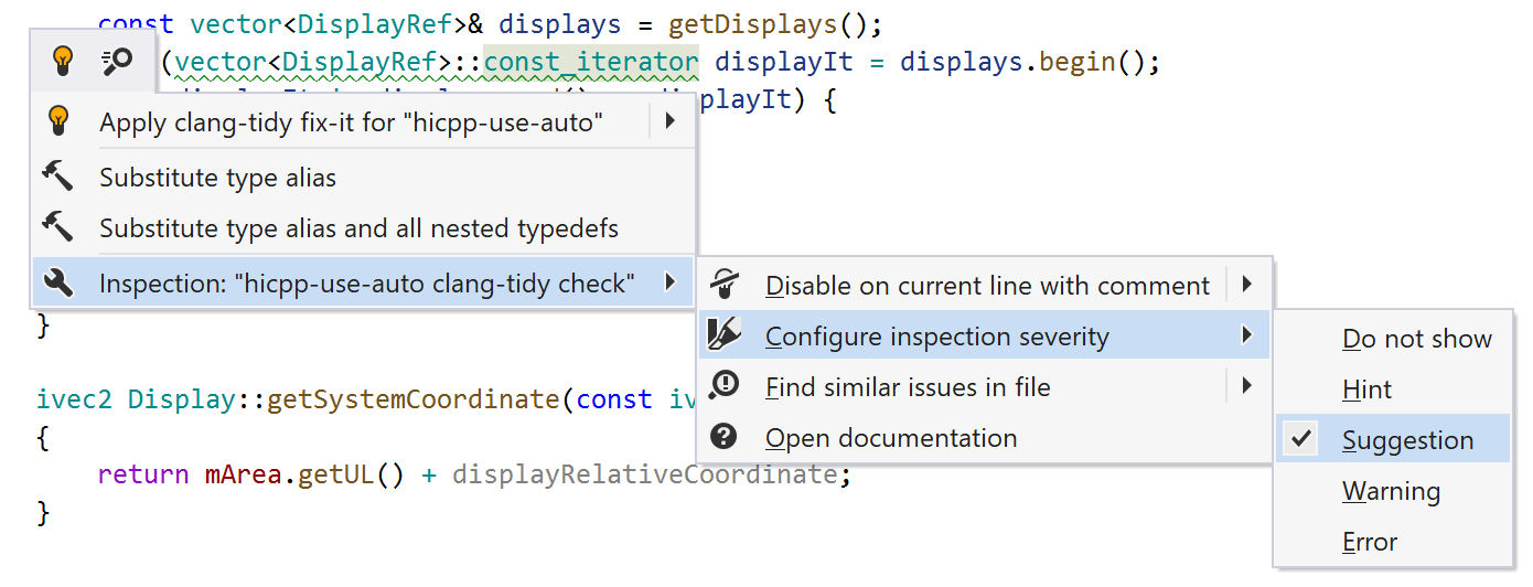 ReSharper: Clang-Tidy インスペクションメニュー ReSharper: Clang-Tidy inspection menu
