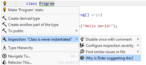 ReSharper: Alt + Enterメニューでインスペクションオプションをコーディングする ReSharper: Code inspection options in Alt+Enter menu