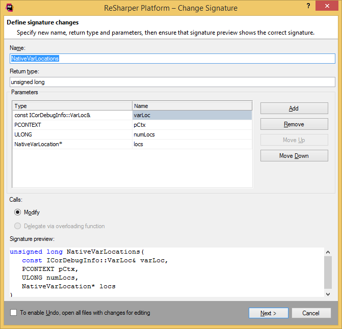 C++関数のシグネチャーを変更する Changing signature of a C++ function