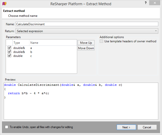 C++での抽出方法: メソッド詳細の指定 Extract method in C++: Specifying method details