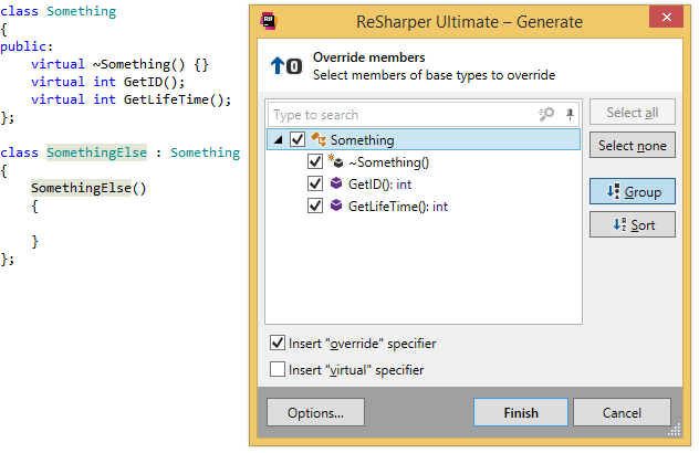 C++クラスのオーバーライドメンバーの生成 Generating overriding members for a C++ class