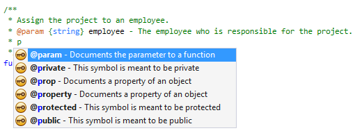 IntelliSense for JSDocキーワード IntelliSense for JSDoc keywords