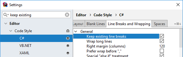 ReSharper: 選択したルールの既存の書式を維持する ReSharper: keep existing formatting for selected rules