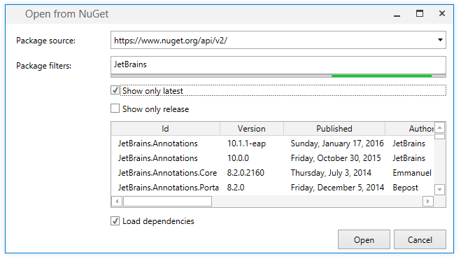 オンラインパッケージソースからNuGetパッケージを開く Opening NuGet packages from an online package source