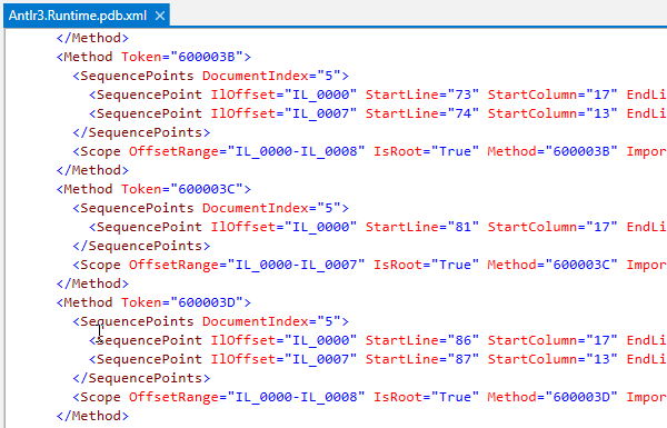 dotPeek: XMLファイルとして表示されたPDBの内容 dotPeek: PDB contents displayed as an XML file