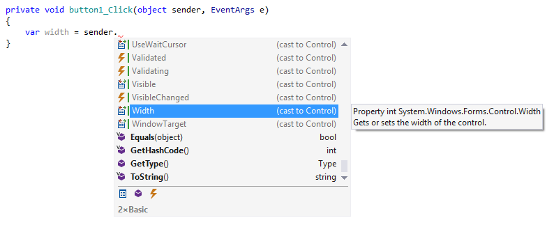 ReSharperのコード補完を使用して 'sender' 引数を目的の型にキャストしています Casting the 'sender' argument to a desired type using ReSharper's code completion