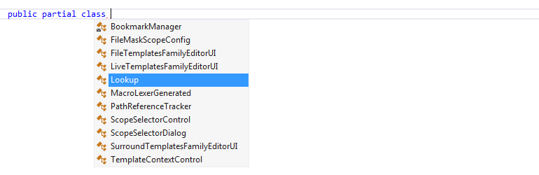 ReSharper コード補完の既存の部分クラスの提案 Suggestions for existing partial classes in ReSharper code completion