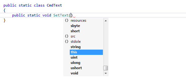 ReSharper: 静的クラスの静的メソッドに対する 'this' キーワードの提案 ReSharper: Suggesting 'this' keyword for static methods in static classes