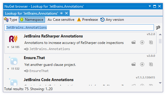 ReSharperのNuGetパッケージブラウザ ReSharper's NuGet package browser