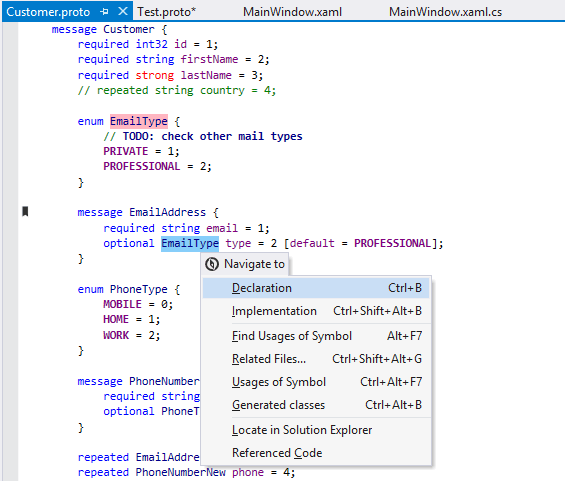 .protoファイル内のGoogle Protocol Buffers(Protobuf)のReSharper機能 ReSharper features for Google Protocol Buffers (Protobuf) in .proto files