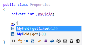 ReSharper: フィールドのプロパティを生成するための補完候補 ReSharper: Completion suggestion to generate a property for a field