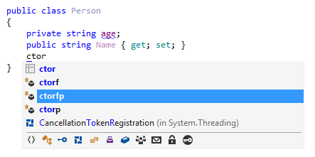 ReSharper:コンストラクターを生成するためのIntelliSense。 ReSharper: IntelliSense for generating constructors.