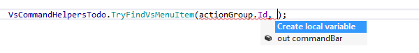 ReSharper:スマート補完。出力パラメーターの代わりにローカル変数を作成する ReSharper: Smart completion. Creating a local variable in place of an out parameter