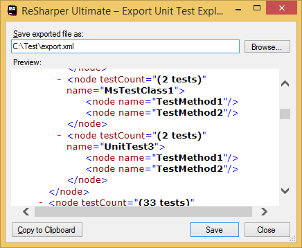 ReSharper: データのエクスポートダイアログ ReSharper: Export Data dialog