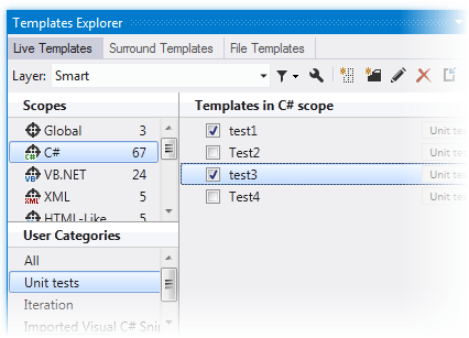 ReSharper: テンプレートの範囲とカテゴリ ReSharper: Templates scopes and categories