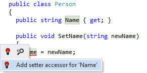 ReSharper: 行方不明setterのためのクイックフィックス ReSharper: quick-fix for a missing setter