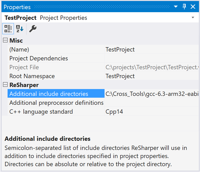 ReSharper C++: 追加のプロジェクトプロパティ ReSharper C++: additional project properties