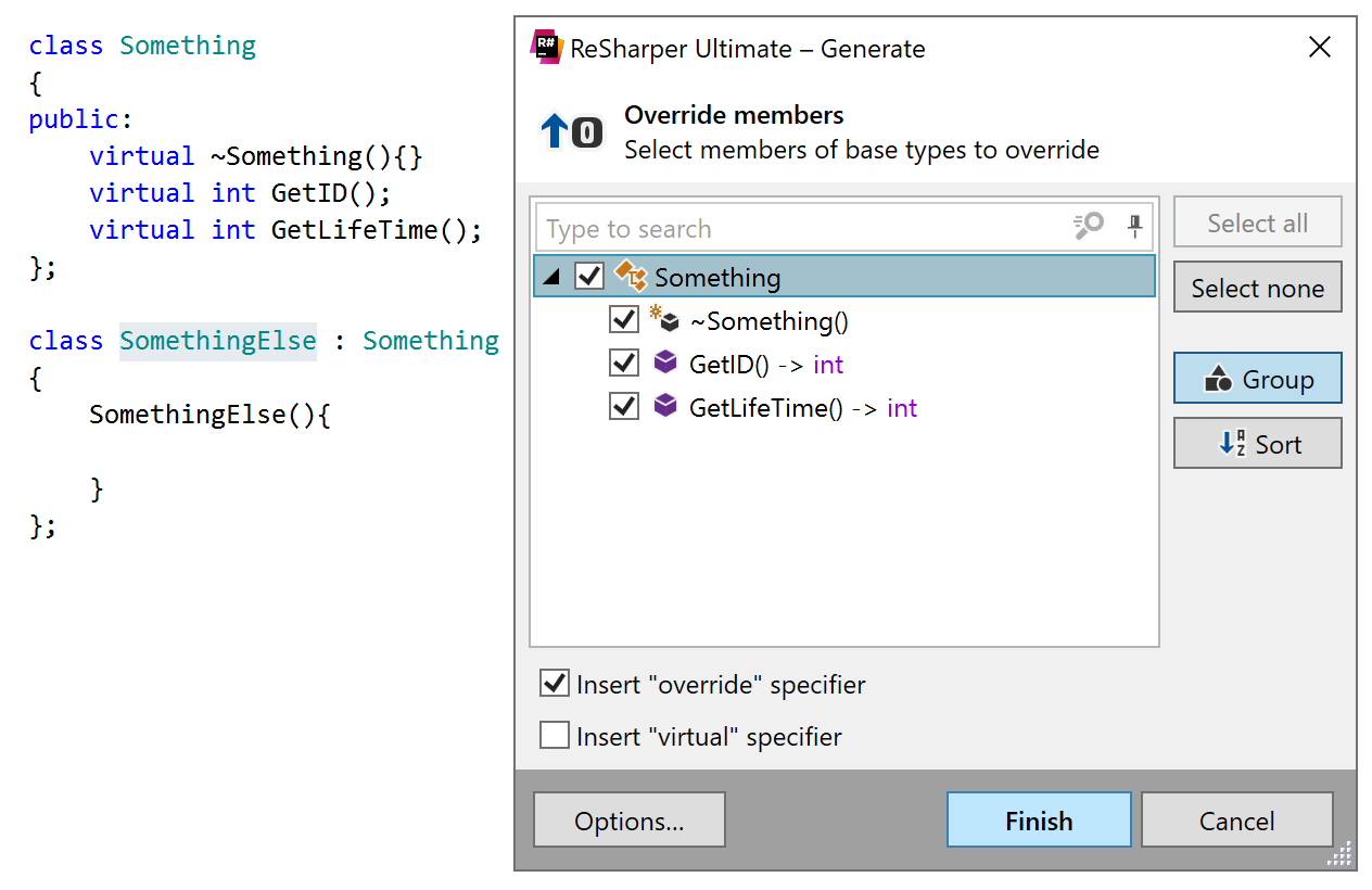 C++ クラスのオーバーライドメンバーの生成 Generating overriding members for a C++ class