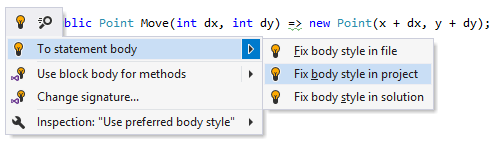 ReSharper 「ステートメント本体へ」のクイックフィックス ReSharper. 'To statement body' quick-fix