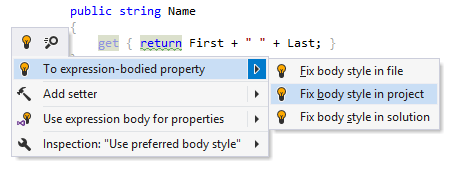 ReSharper 「表現体へ」クイックフィックス ReSharper. 'To expression body' quick-fix