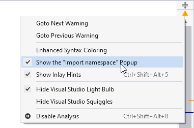 ReSharper: ファイルステータスインジケーターのコンテキストメニューからインポートポップアップモードを選択する ReSharper: Choosing import popup mode from the context menu of the file status indicator