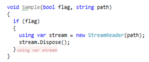 ReSharper インレイのヒント : 破棄されたリソース変数 ReSharper Inlay hints: disposed resource variable