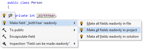 フィールドを読み取り専用ですばやく修正する Make field readonly quick-fix
