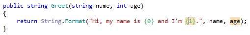 文字列書式設定の引数とプレースホルダの強調表示 Highlighting of arguments and placeholders in string formatting methods