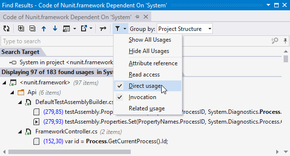 ReSharper: プロジェクトまたはアセンブリに応じたコードの検索 ReSharper: Finding code depending on project or assembly