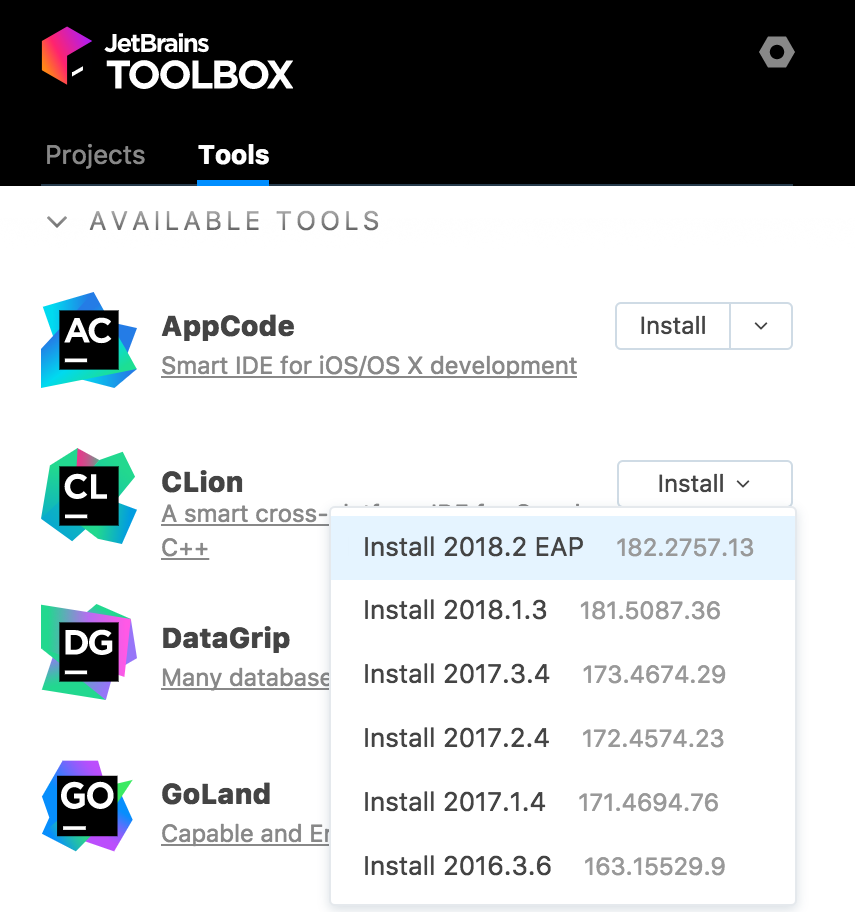 ToolboxアプリのCLion CLion in the Toolbox app